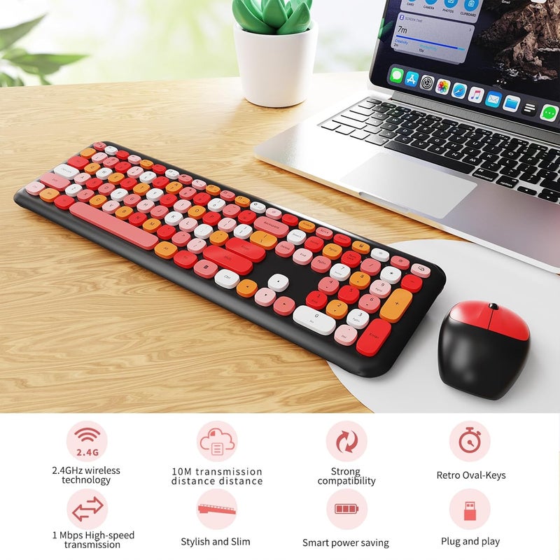 SkyGive Wireless Keyboard and Mouse Combo, Colorful Ergonomic Full Size Retro Low-Noise Keyboard with Cute keycaps, Compatible with Windows, PC, Perfer for Home and Office Keyboards (Black) - Image 2